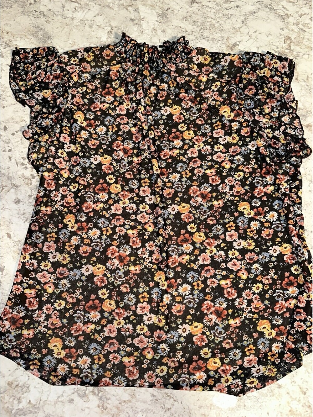 Stem & Vine Black Multicolor Floral High Neck Keyhole Ruffle Sleeve Blouse L